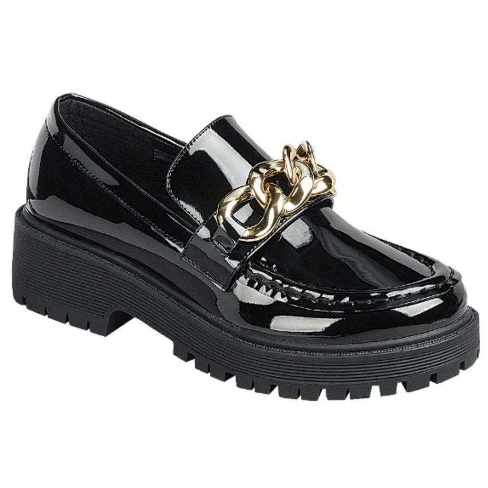 New Wide Black Patent Gold Chain Slip On Platform Penny Loafers